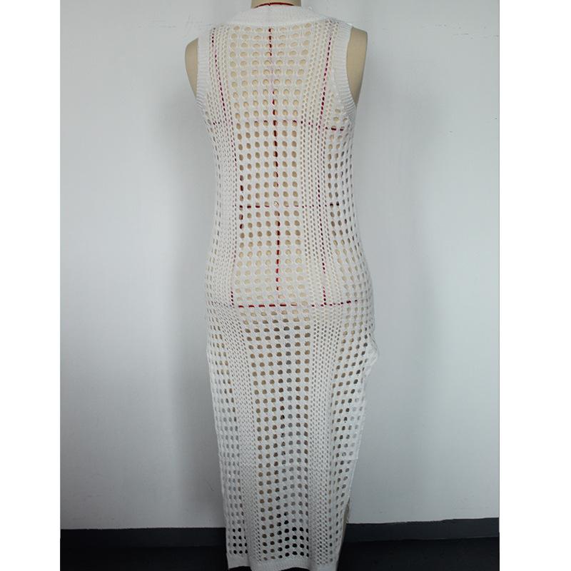 Women's Holiday Sexy Solid Colour Round Neck Sleeveless Breathable Knitted Long High Split Dress Beach Sunscreen Cover-ups