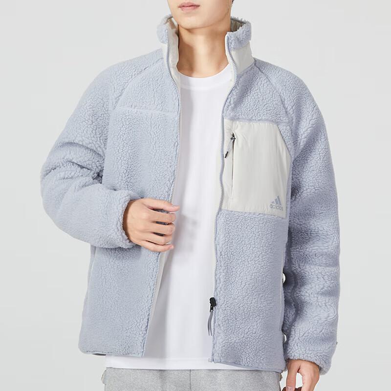 Adidas FW22 Logo Print Sherpa Reversible Warm Stand Collar Long Sleeve Cotton Jacket Men Tops Blue HN2078