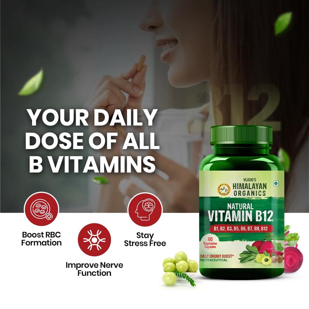 Vlado's Himalayan Organics Plant Based Vitamin B12 2.2mcg Capsules With B Complex & Moringa 60 Veg For Energy Support