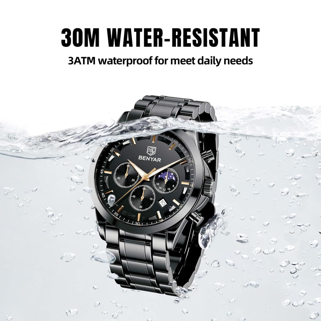 BENYAR Chronograph Watch with Leather and Black Leather Strap for Business and Formal Wear Men's Multi-Calendar Strap, Water-Resistant