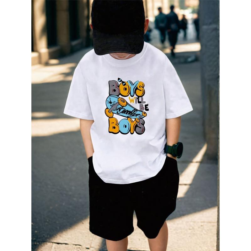 European sizes Boys  White T-Shirt with Colorful Graphic Print and Text BOYS WILL BE BOYS for Casual Wear 110 белый