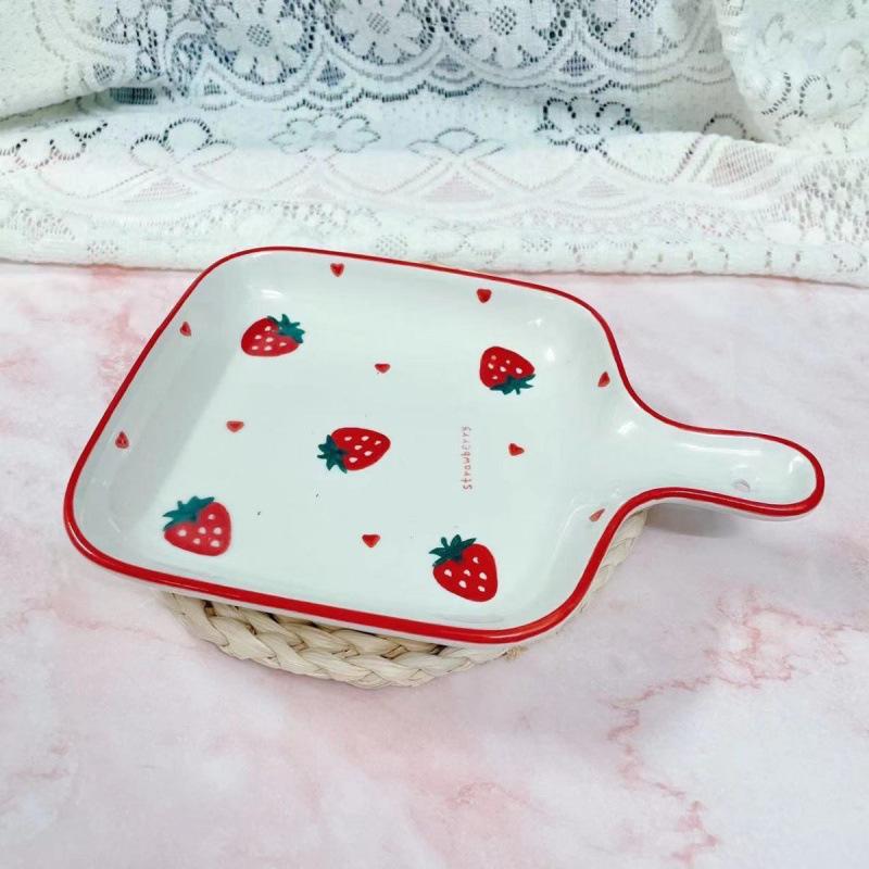 Strawberry Two-Piece Ceramic Set (Handle Plate & Bowl) - Cute Underglaze Tableware.