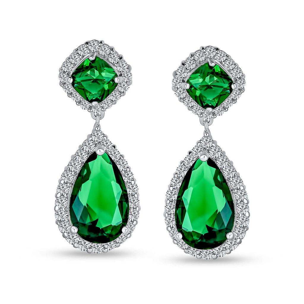 Classic Bridal Statement 7 5CT Green AAA CZ Pair Shape Simulate Emerald Clear Cubic Zirconia Halo Tear Chandelier Dangle Earrings Women Bridesmaid