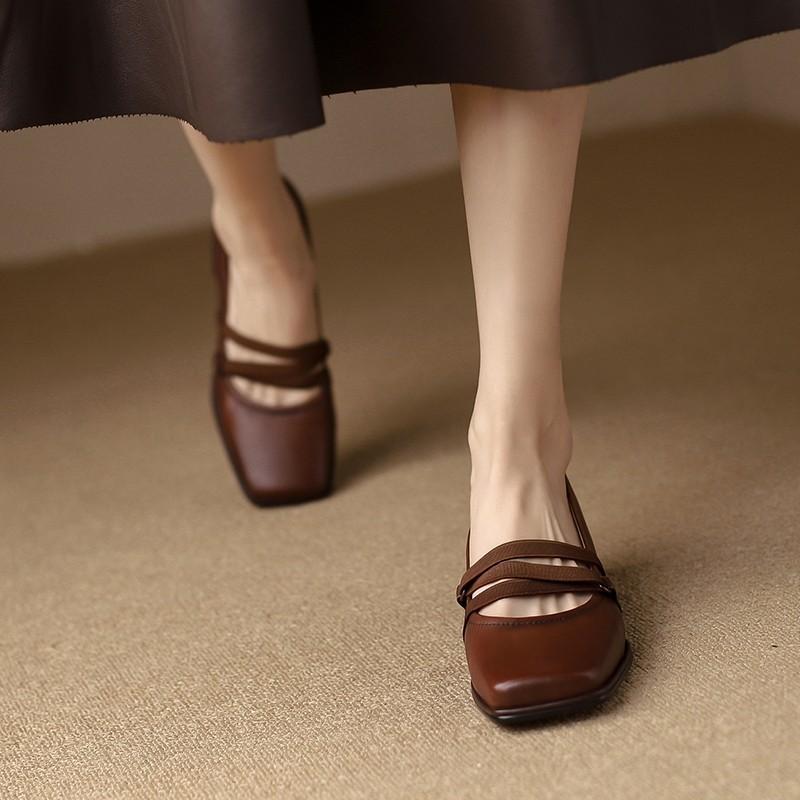 Retro Mary Jane Schuhe Damen Dicke Ferse Weiche Sohle Mittelhoch Vielseitig Eckiger Kopf Kleine Lederschuhe Frühling Flachmündung Einzelne Schuhe