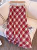 Plus Size Retro Red Plaid Woolen High Waist Slimming Mid-Length Skirt for Autumn/Winter.