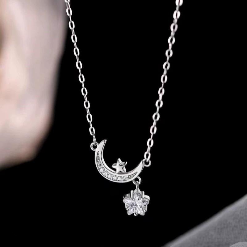 Factory 925 Sterling Silver Moon and Star Zircon Pendant Necklace for Women Versatile Everyday Wear Necklace Jewelry