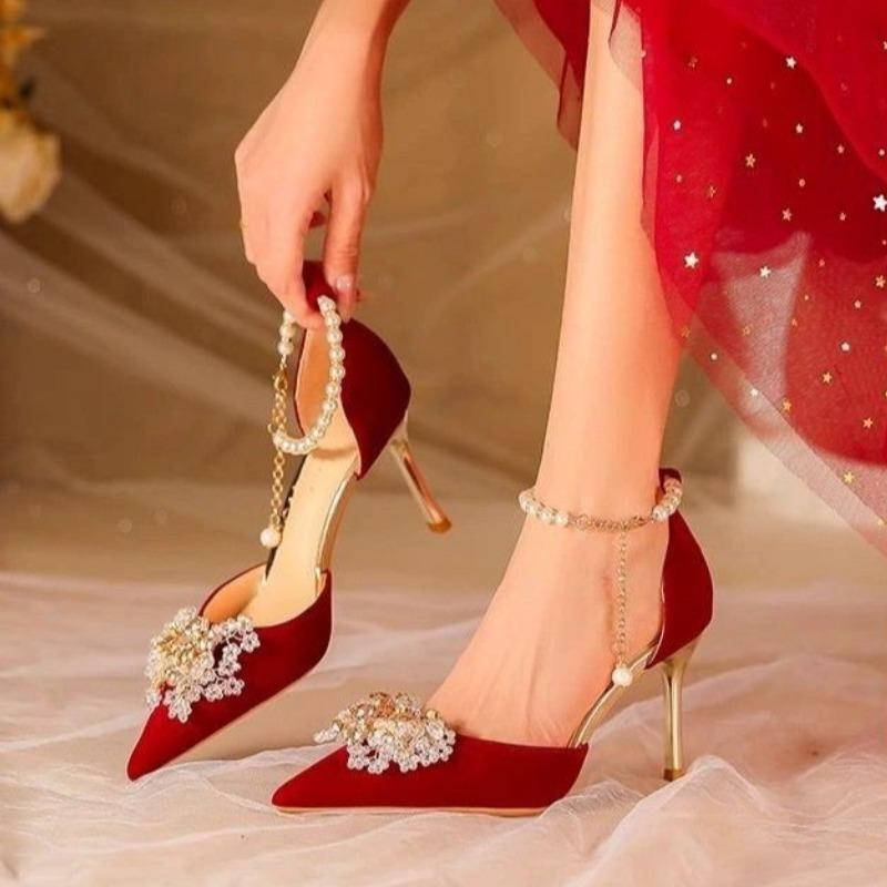 Fashion Elegant Pearl Chain Buckle Strap Thin High Heels Crystal Flower Decor Wedding Bridesmaid Shoes Temperament Party Prom Lady Pumps