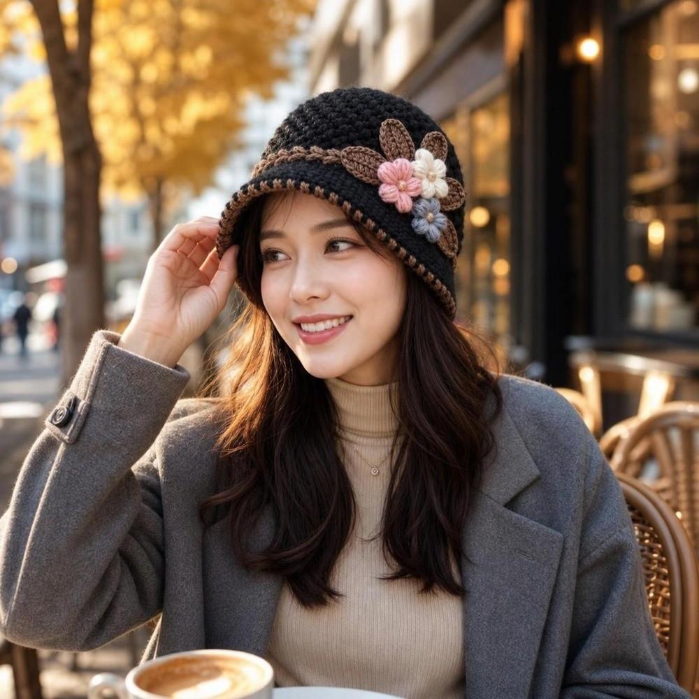 Warm Knitted Bucket Hat Windproof Floral Crochet Hat Vintage Yarn Cloche Hat  Winter