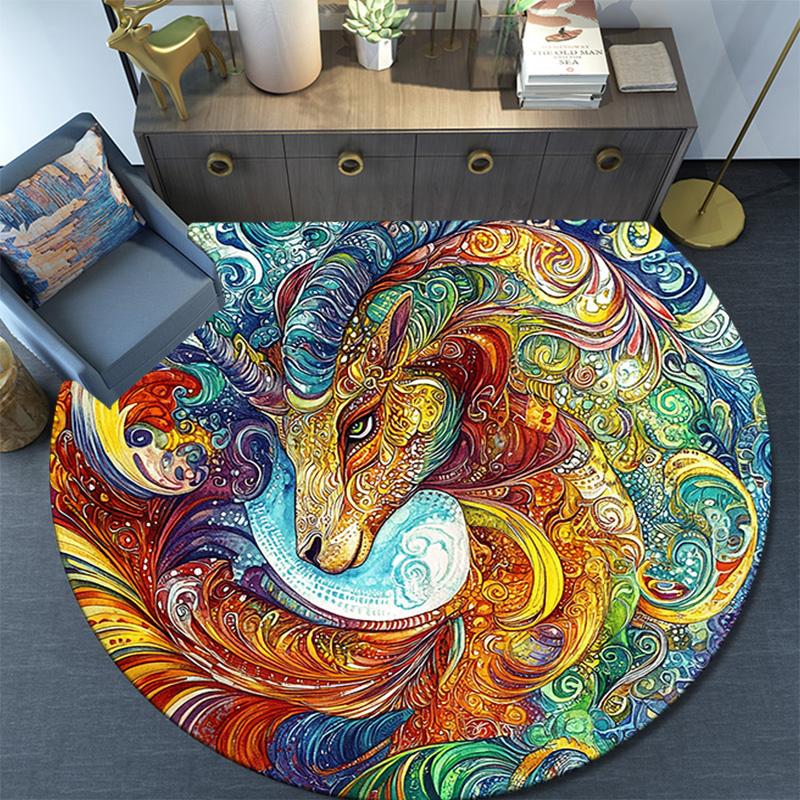 Abstract Goat and Lion Round Area Rug,Carpet Rug for Living Room Bedroom Sofa Playroom Decor,Non-slip Floor Mat