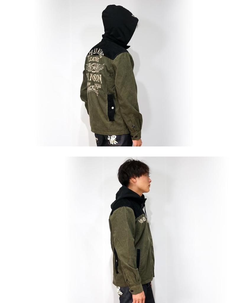 Flying Star Embroidery Detachable Hood Denim Corduroy CPO Jacket [Banson] Men's Nvsl-2404 (JP, Alphabet, M, Olive)