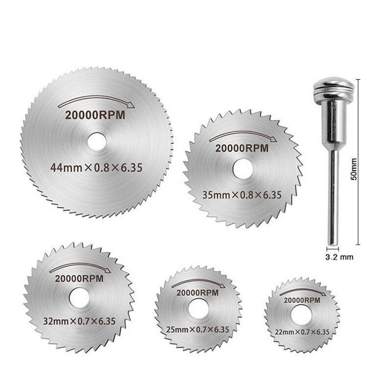 High-Speed Steel Cutting Disc Set: 5 Saw Blades & 3.2mm Shank for Electric Grinders - Cuts Wood, Plastic, Soft Metal