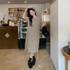 Robe chemise grande taille pour femme Col rond Manches courtes Robe longue Ample Couleur unie Fente Robe midi