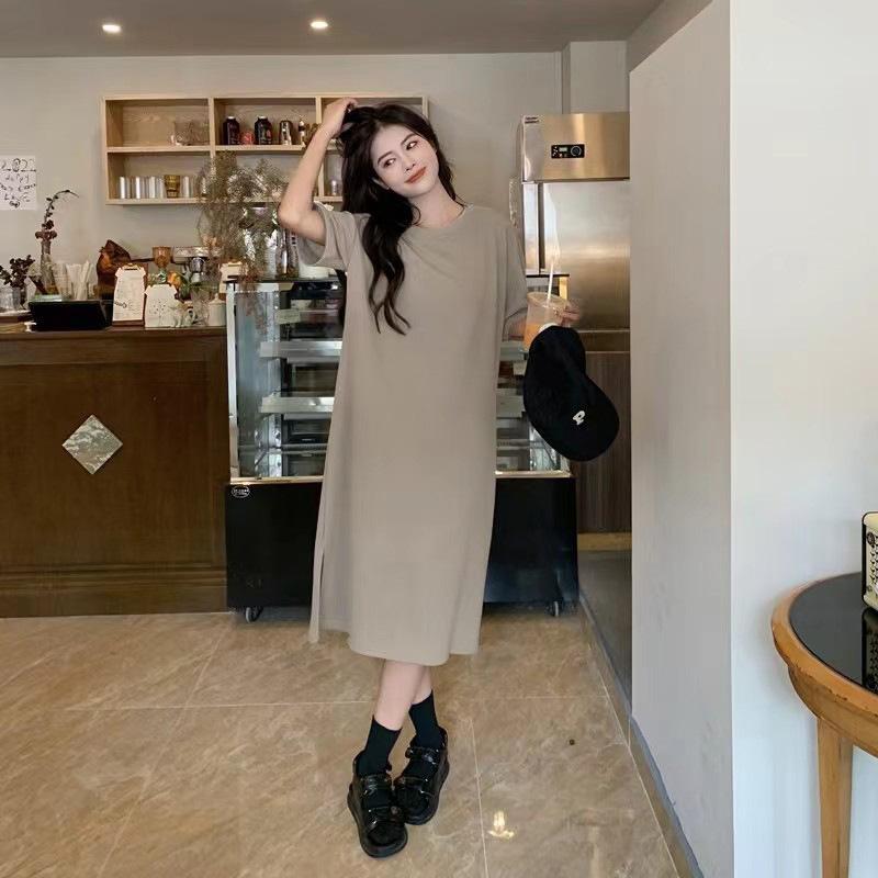 Robe chemise grande taille pour femme Col rond Manches courtes Robe longue Ample Couleur unie Fente Robe midi