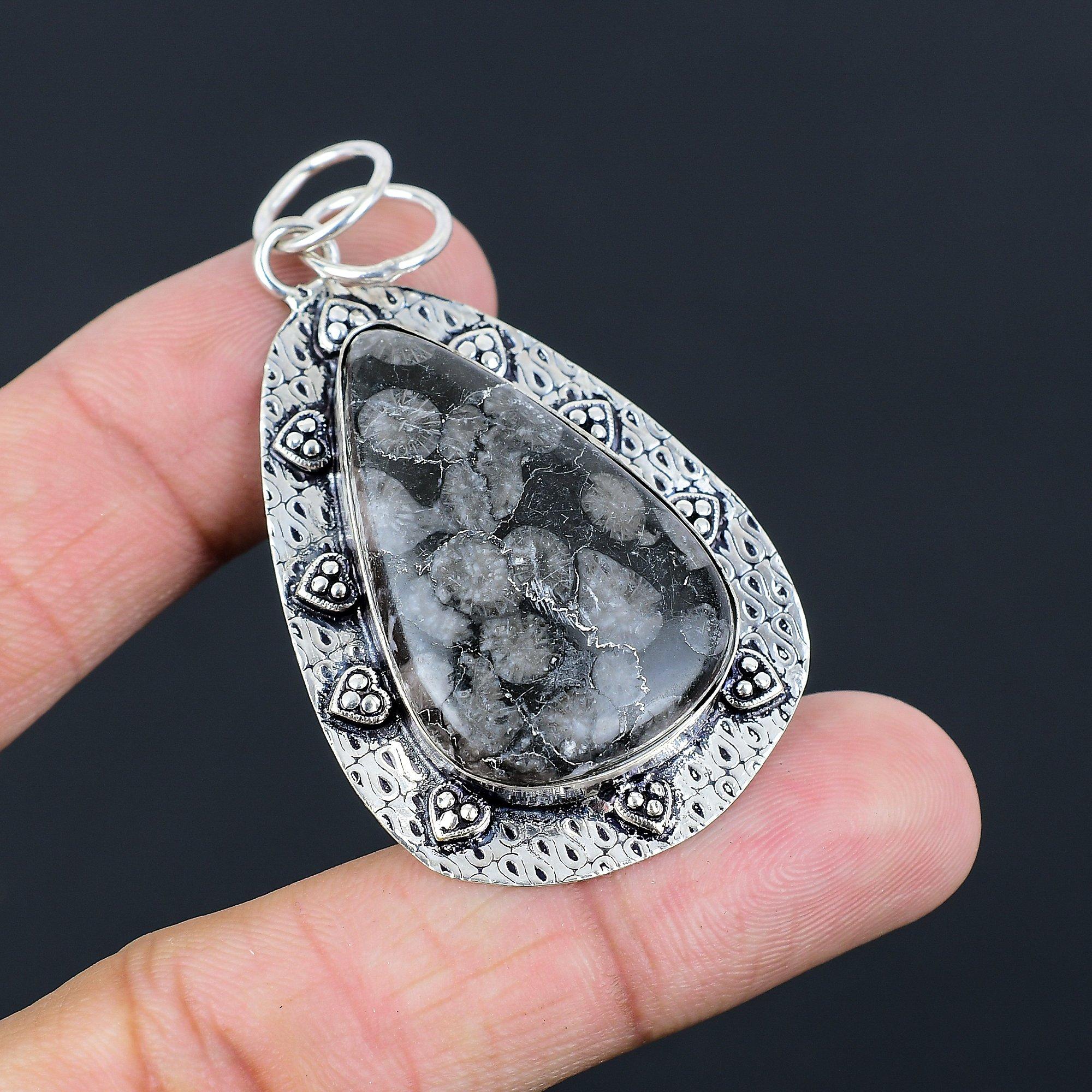 Friendship Day Deal Black Fossil Coral Stone 925 Sterling Silver Wedding Pendant