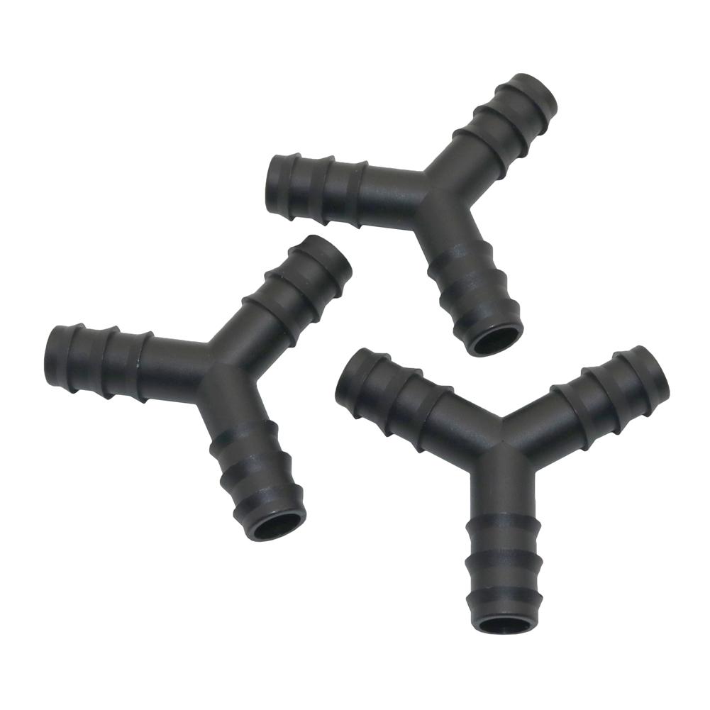 20 Stück DN16mm 4/7mm Y-förmiger T-Verbinder Gleichmäßiger Dornkupplungs-Schwarz Garten Mikro-Bewässerung 3-Wege Wasserverteiler Rohrverschraubungen