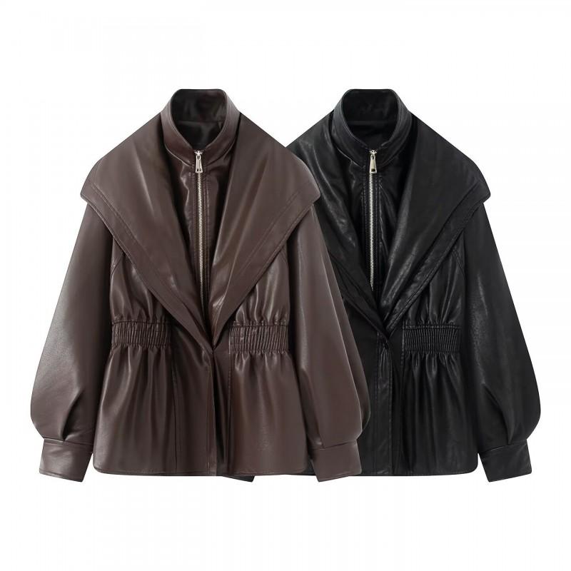 Womens Distressed Faux Leather Fake Two-Piece Long Sleeve Jacket Casual Urban Style