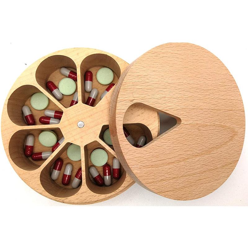 Wood Pill Box 7 Grids Medicine Tablet Dispenser Storage Case Portable Travel Weekly Drugs Container Holder