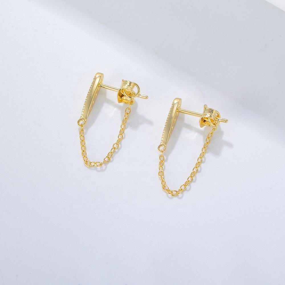 925 Sterling Silver 14k Gold Plated Stud Geometry Chain Connected Cz Fine Tassel Earrings