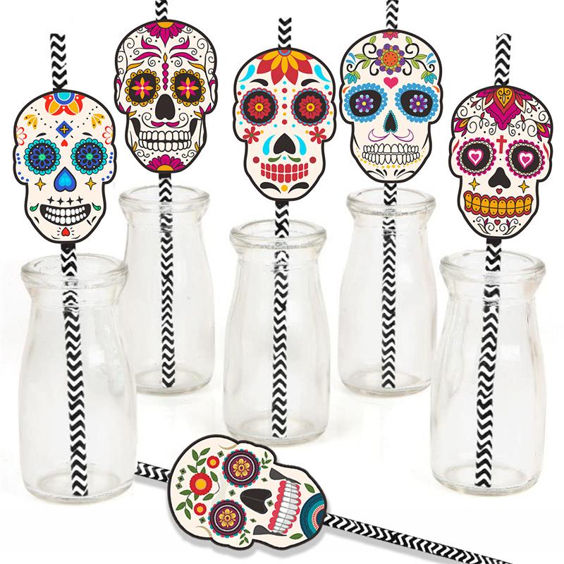 12/24Pcs Cartoon Skull Paper Drinking Straw Juice Disposable Straws for Mexican Day of The Dead Halloween Theme Party Decoration