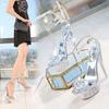 Women Crystal High Thin Heel Sandals Ankle Strap Transparent Sandals Waterproof Platform Office Nightclub Evening Party Heels OL