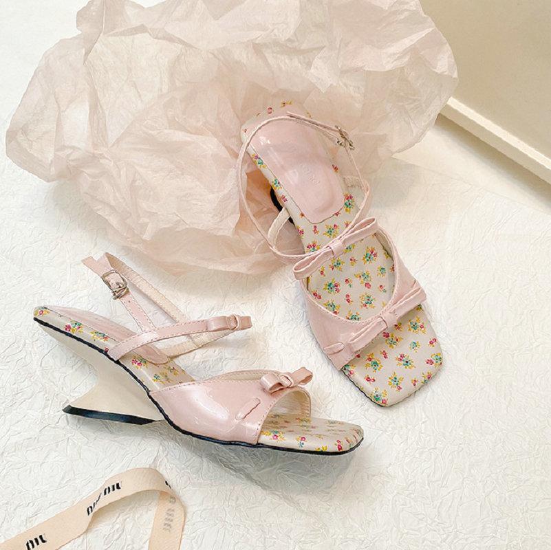 Fashion Pitched Heel, Niche Design, Open-Toe Sandals, Fairy Shoes, 2025 New Style Square Toe, Thin Strap, Bow Roman Shoesls Row