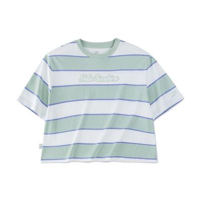 Lifestyle Series Logo Letter Striped Round Neck Loose Short Sleeve T-Shirt Women T-Shirt Mugwort-Green 162328141-2