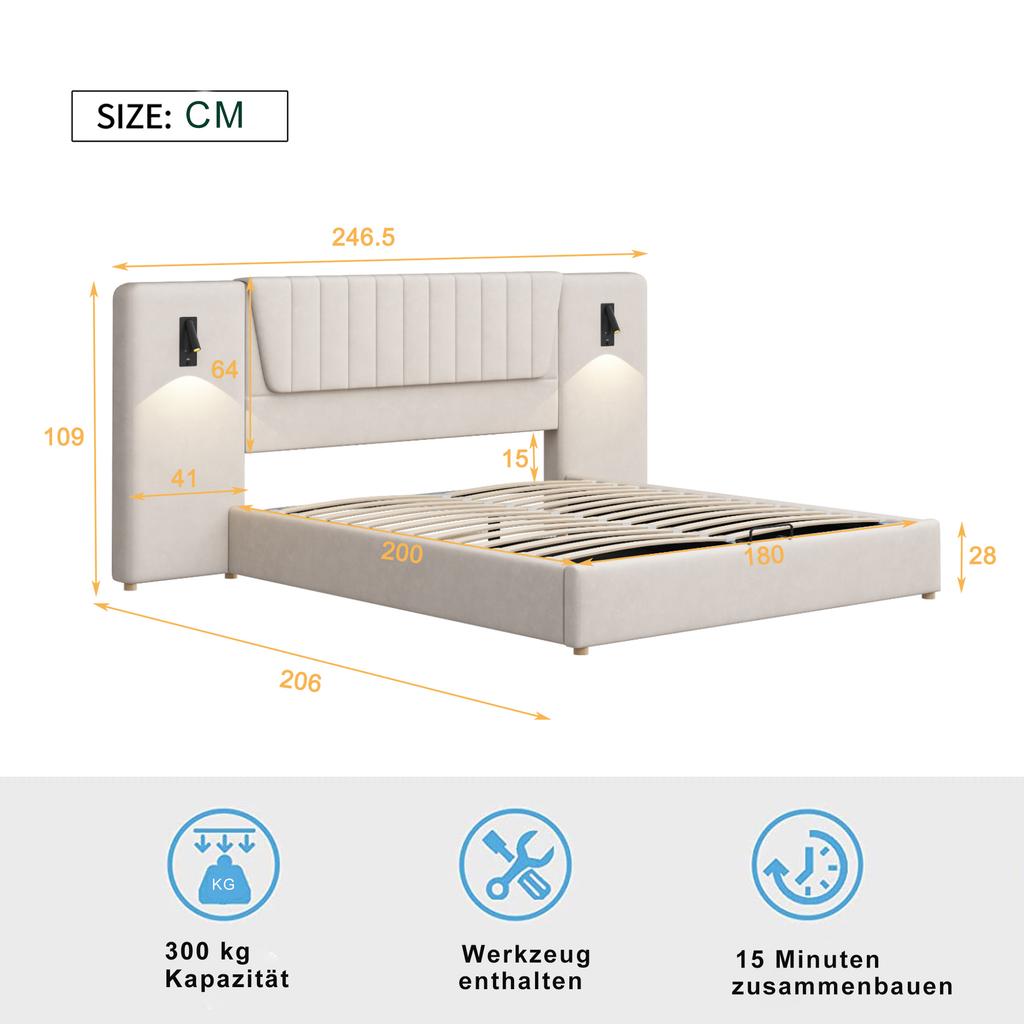 Gestoffeerd Bed 180*200cm, Extra Lang Hoofdsteun, Leeslampje, USB Laadpoort, Hydraulisch Opbergbed, Tweepersoonsbed, Fluweel Stof, Beige