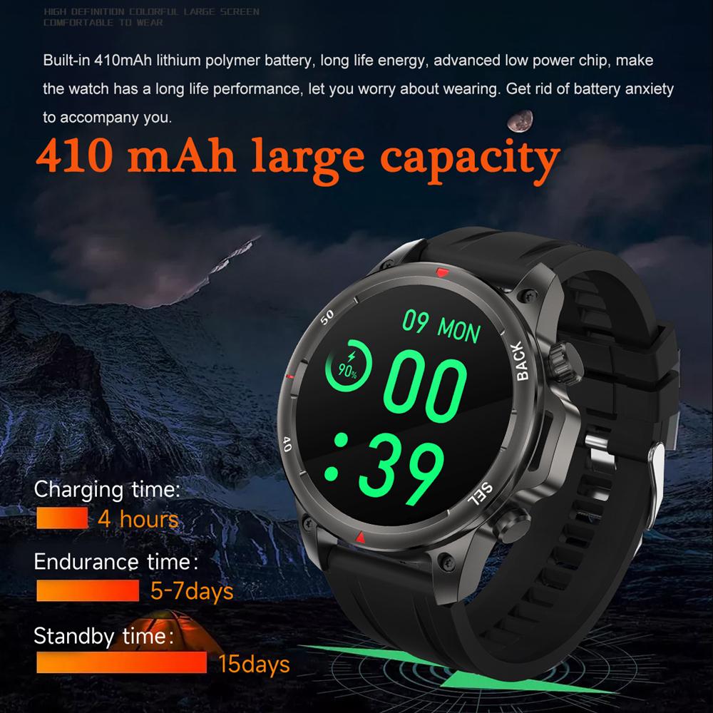 Neue 1,53" Bluetooth Anruf Smartwatch Gesundheitsmonitor mit Taschenlampe Kompass NFC 400mAh Outdoor Herren Smartwatches für IOS Android