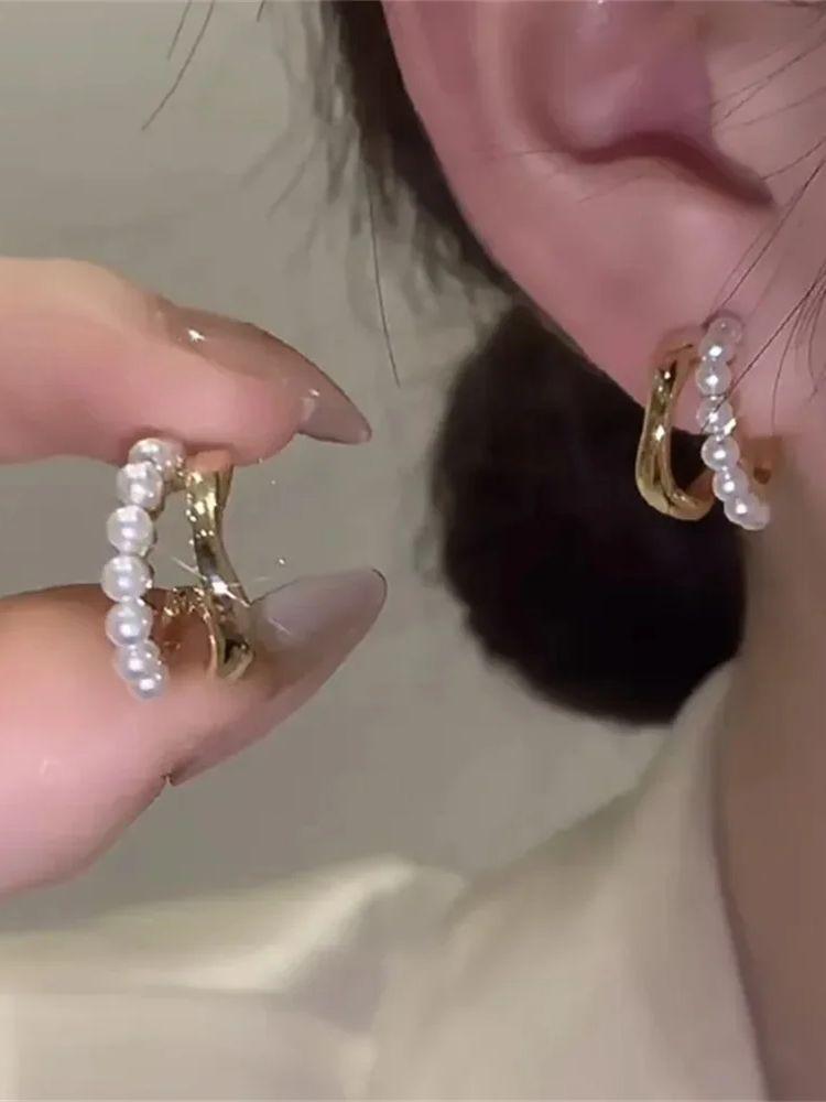 Gold Color Pearl Earring For Women Retro Wave Irregular Stud Earrings Acrylic Pearl Double Layer Earrings Fashion Jewelry Gift