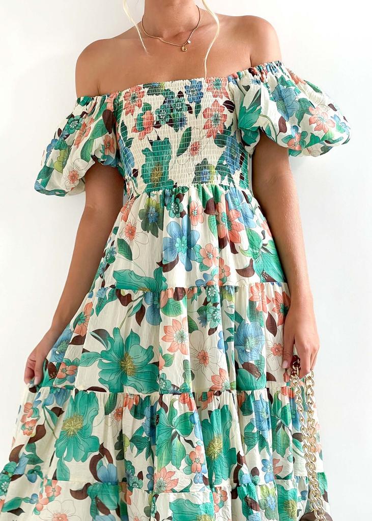 New European and American, Popular Square Neck Lantern Sleeves High Waist One-word Shoulder Dress Loose and Long