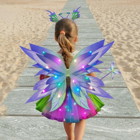 LED Glowing Butterfly Wings Fairy Costume Set for Girls Light-up Tulle Skirt Wand Headband Cosplay Party Favor Christmas Outfit