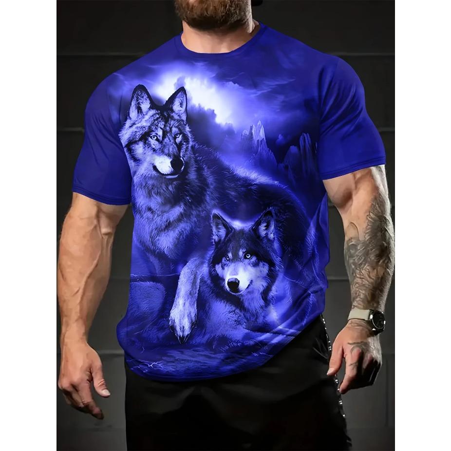 Pánské tričko s 3D potiskem vlčí smečky v horské noční scéně - Živá grafika vyjících vlků a úplňku, ležérní tričko s krátkým rukávem a kulatým výstřihem
