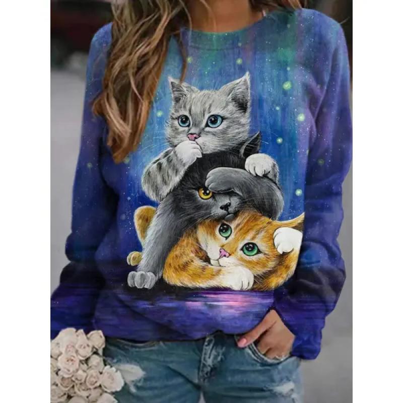 Spring and Autumn Round Neck Casual 3D Cat Print Cute Little Fresh Sweatshirt Women's Casual Home Wear Versatile Women's Hoodie