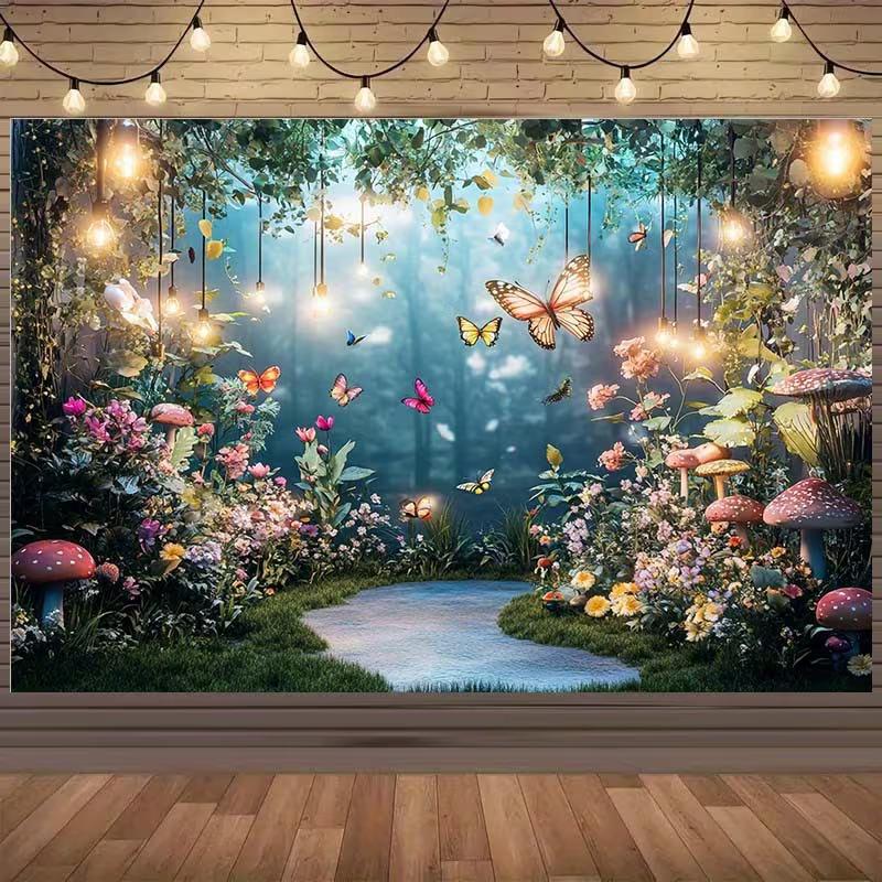 2D Magical Forest Backdrop, Enchanted Butterfly Garden Photo Booth Background 47.2x31.5inch/120*80cm
