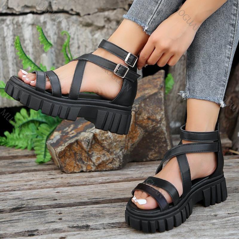 Fashion Roman Sandals Women Summer Shoes Casual Hollow Thick Bottom White Black Women's Shoes Cross Strap Gladiator Sandales Femmes