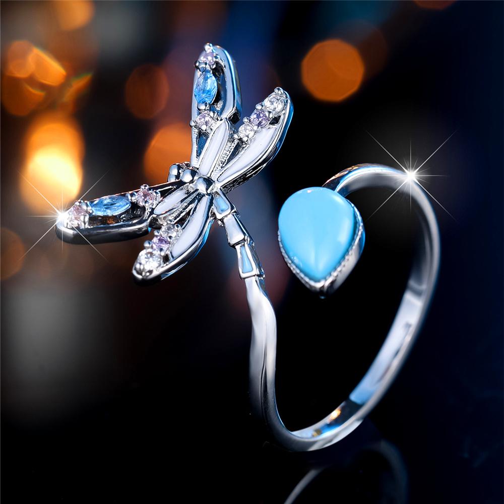 Charm Female White Green Stone Water Drop Dragonfly Adjustable Open Ring Silver Color Cute Gift Wedding Jewelry For Women