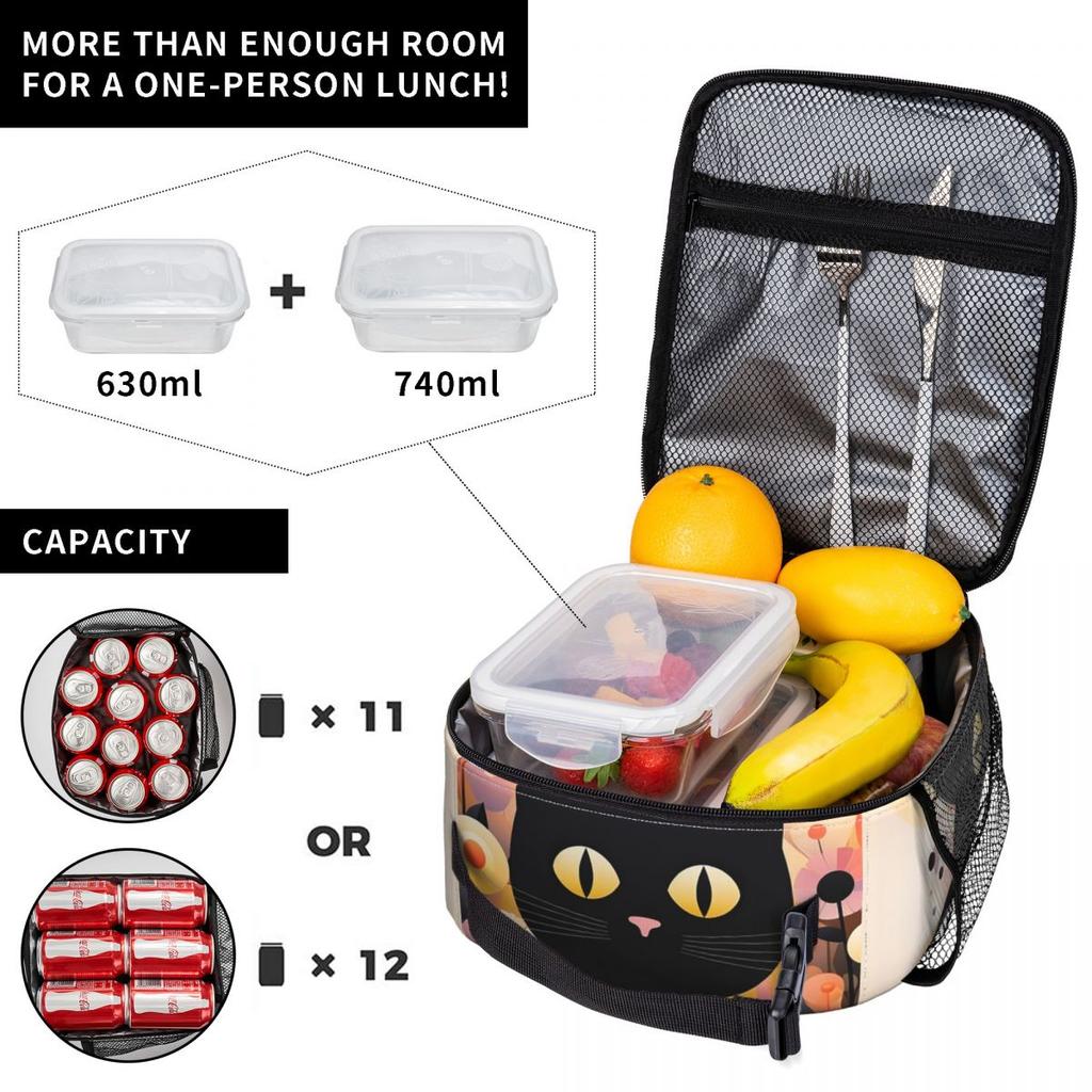 Black Cat In Flower Bushes Insulated Lunch Bag for Kids School Cooler Thermal Food Box Tote Portable Lunch Boxes Container