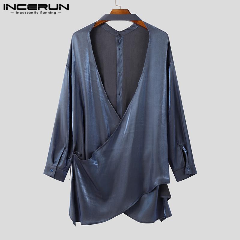 INCERUN Ανδρικά Γκλίτερ Πουκάμισα Μακρυμάνικα Κουμπιά Μονόχρωμα Ανοιχτή Πλάτη Τοπ με Μπαντάζ