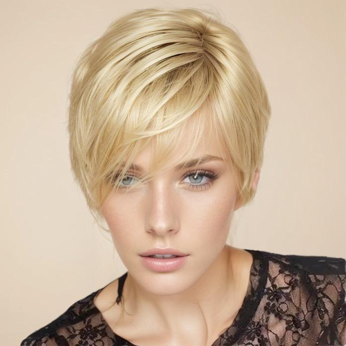 

European and American Style Women’s Short Straight White Wig with Side-Parted Long Bangs Unique Fashion Full Wig золотий