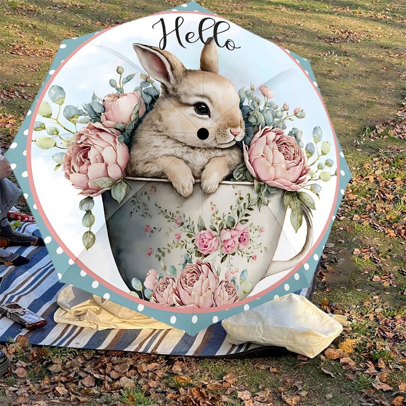 1PC Rabbit Teacup Umbrella-8-Rib Reinforced, Automatic Open, Lightweight & Durable, Cute Fashion Accessory for Outdoor, Beach, or Casual Use, Beach Um