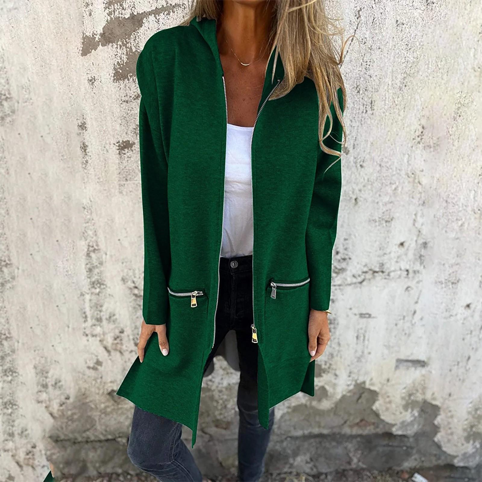 

Длинный рукав женский однотонный топ с капюшоном легкая куртка пальто зима и осень M зелёный