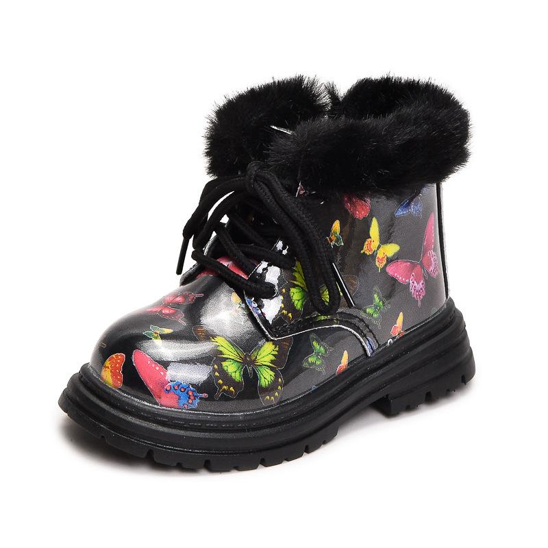 

Colorful Butterfly Print Kids Fur Boots Thickened Plush Platform Boots Shoes Child Noteworthy Girl Waterproof Short Boots I08088 21 чорний