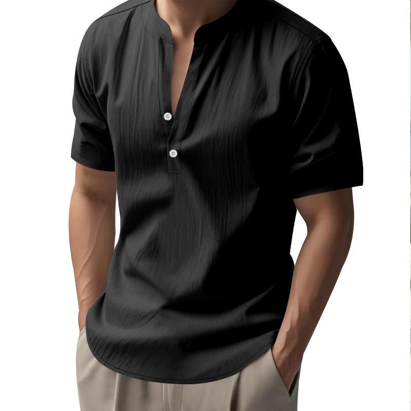 Summer Men's Casual Loose-Fit Shirt with Stand Collar Linen Short-Sleeved Plain-Coloured Shirt Plus Size Menswear