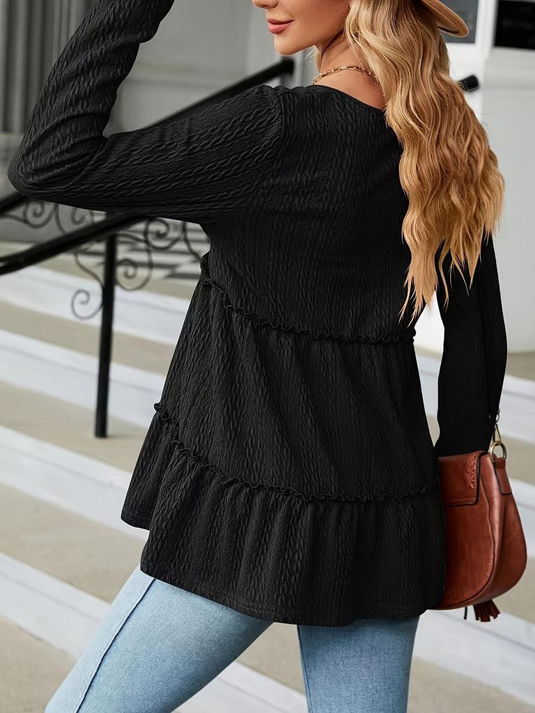 V-neck Long Sleeve Solid Color Patchwork T-shirt for Autumn/Winter 2025