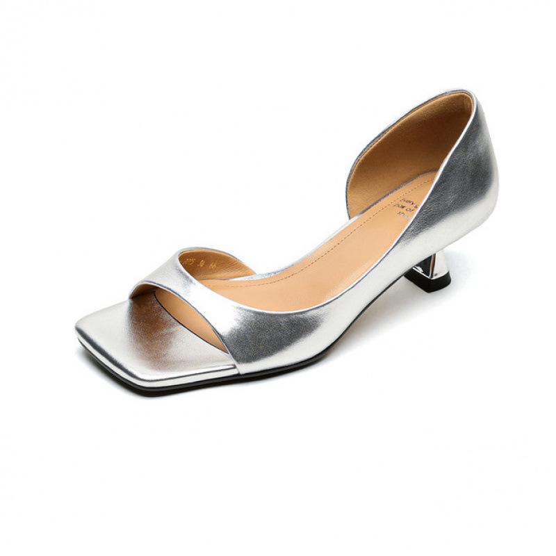 Summer large size open-toed sandals women's casual women's sandals beef tendon soft-soled sandals middle heel leather new foot cover