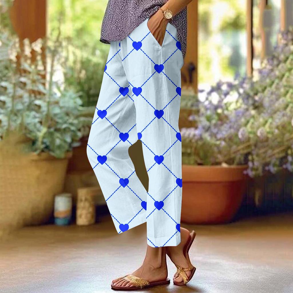 Women's Cotton Linen Pants Printing Summer Wide Leg Casual Loose Drawstring High Waist Palazzo Pants Trousers With Pockets
