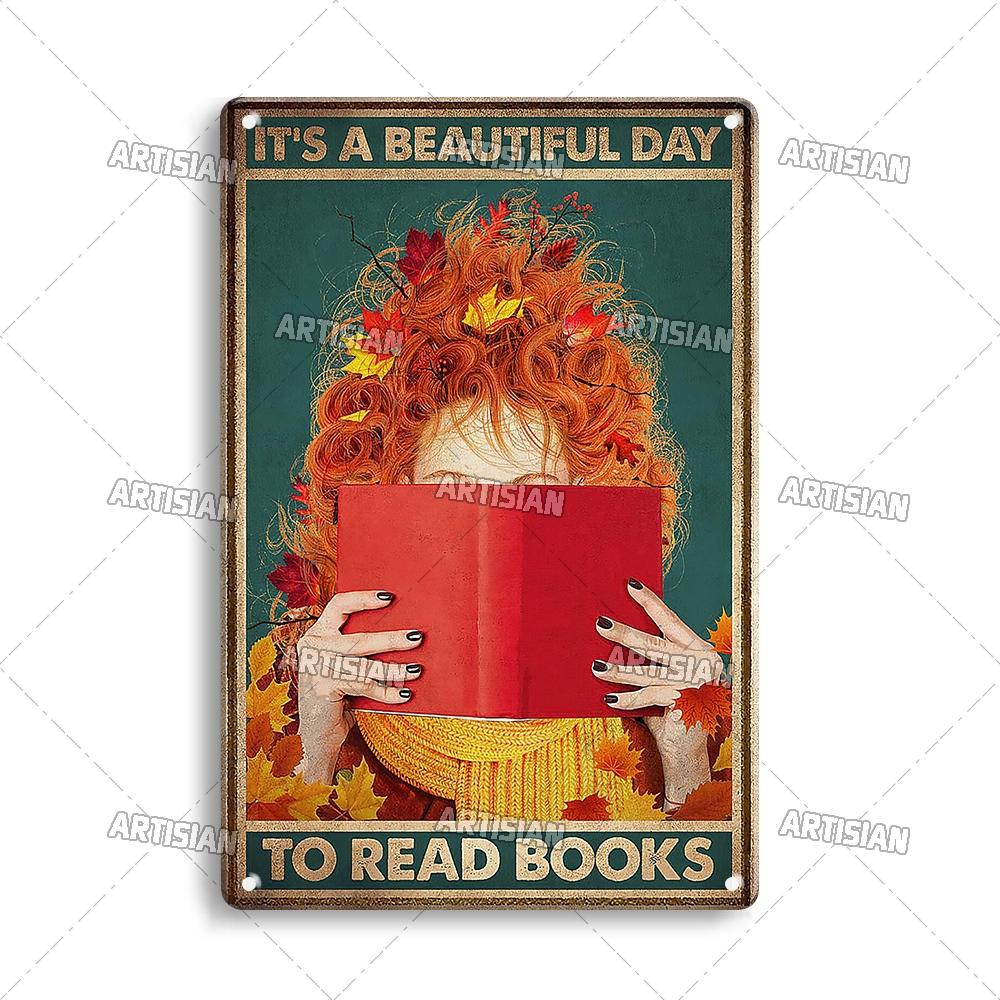 Artisian Reading Vintage Metal Sign Read Book Tin Plaque Girl Loves Books Classic Decorative Poster Wall Decor Garage Bar Pub
