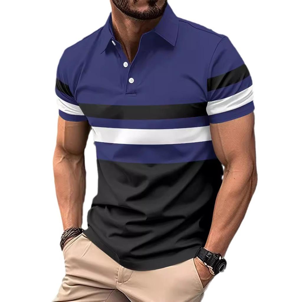 Summer new men's T-shirt daily casual lapel striped short-sleeved tops