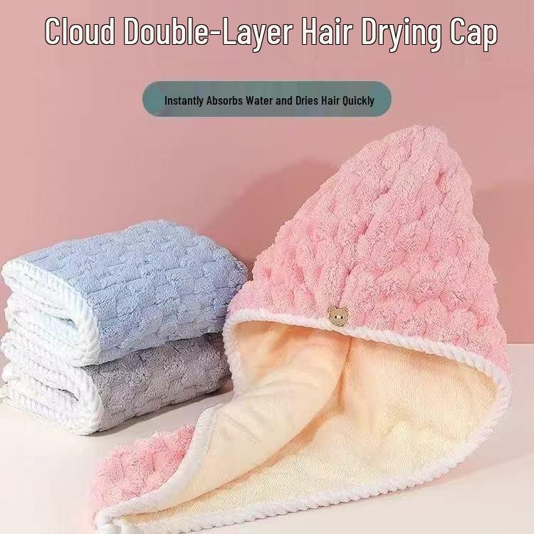 Double Layer Coral Fleece Hair Drying Cap: Thick, Quick-Drying, Super Absorbent Towel for Adults 65 x 25 cm