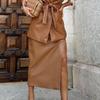 Women's Clothing, Autumnal and Winter New Solid Color PU High Waist Pleated Slit Skirt, Women's Skirt